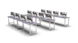 Modular Automation machines, perfect copies spaced four to a benchtop across three benchtops
